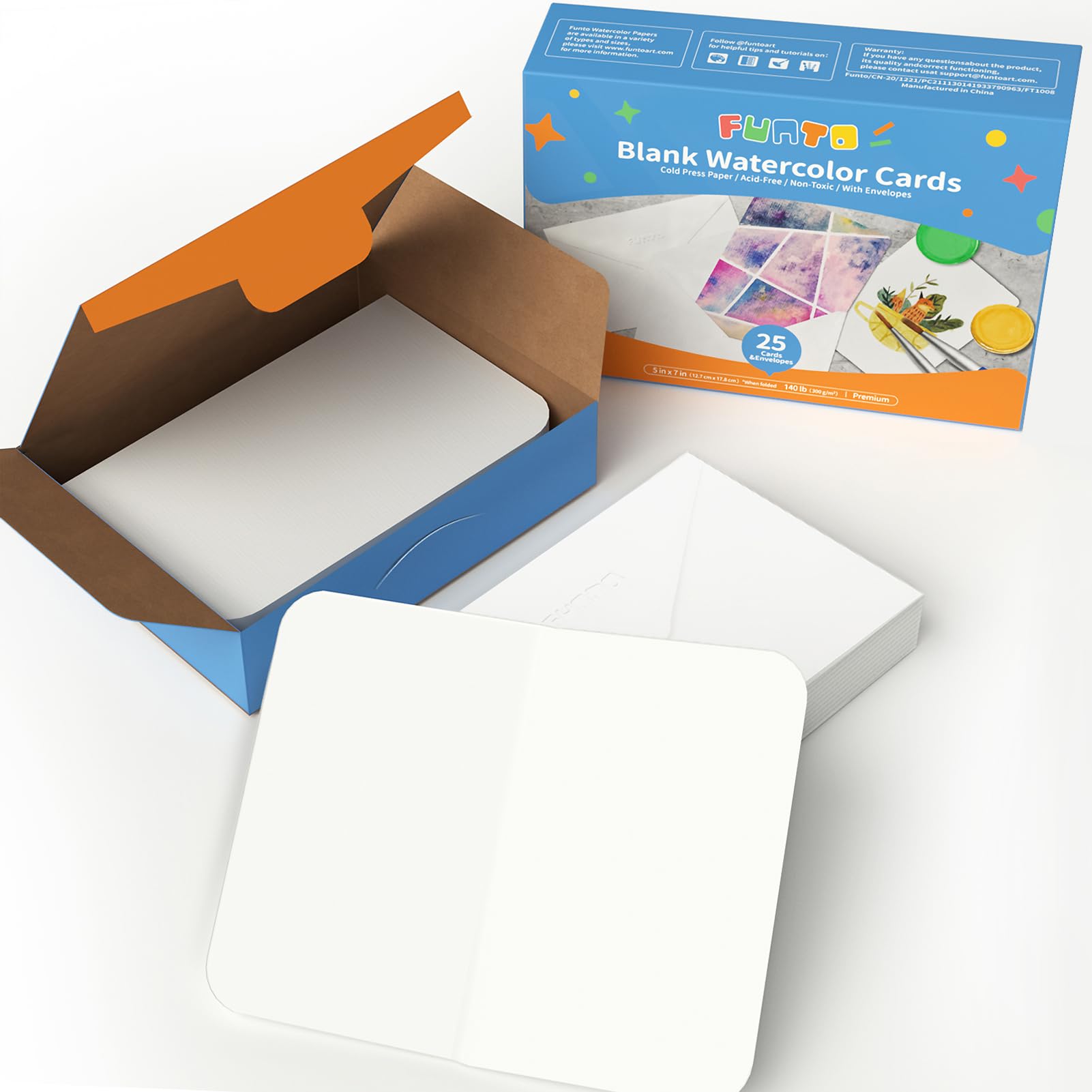 Funto Blank Watercolor Cards and Envelopes, 50 Cards, 5x7'', 140lb/300gsm, White, Acid-Free, Heavyweight Paper for all Occasions
