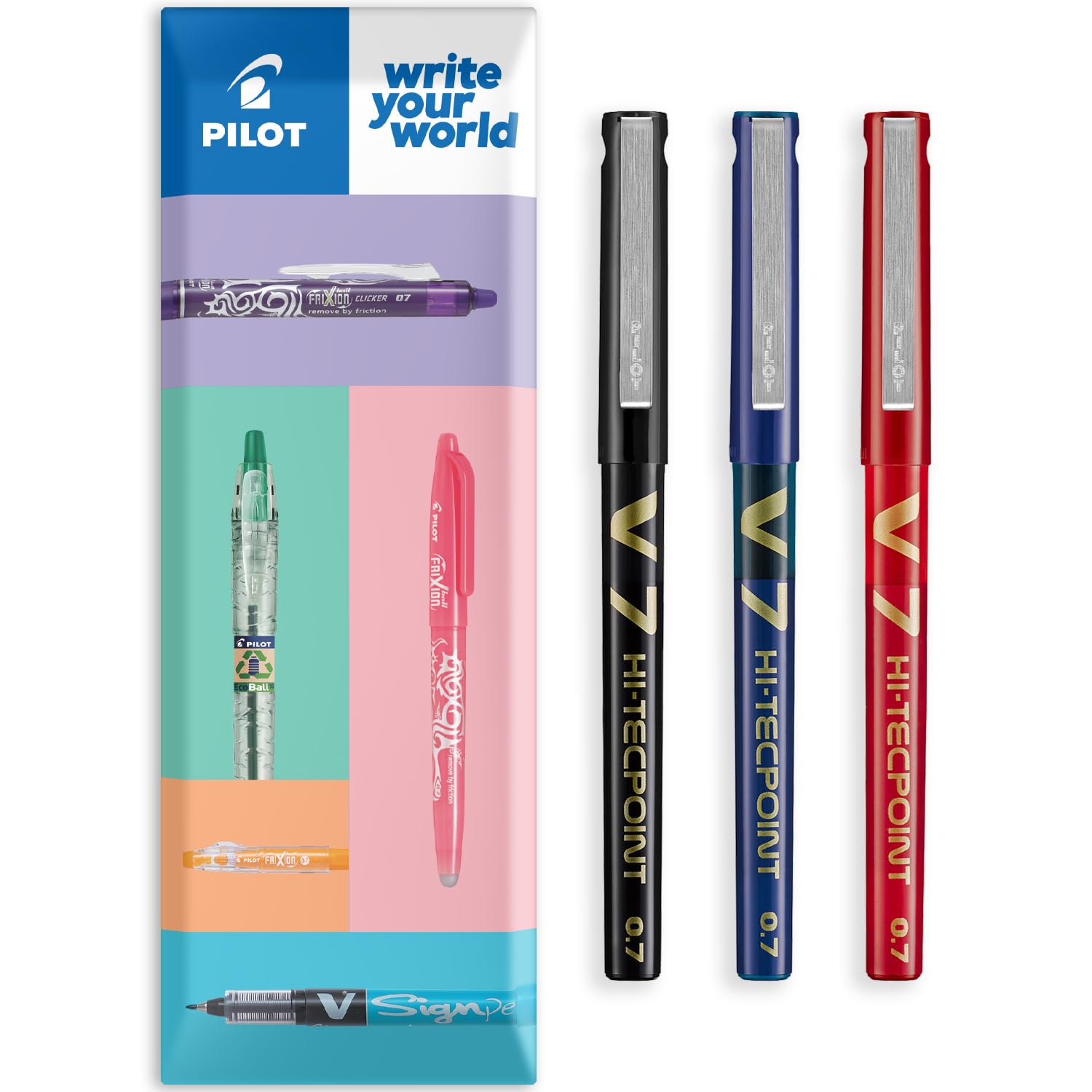 Pilot V7 Hi-Tecpoint Rollerball Pen, 0.7 mm Tip - Black/Blue/Red, Pack of 3