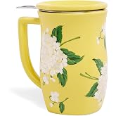 Tea Forte Ceramic Fiore Tea Cup with Infuser, Hydrangea, 14 oz | Insulated Ceramic - Stainless Steel Loose Leaf Infuser - Keeps Tea Hot Longer - Lid Included - Great Teacher Gifts