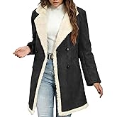 Womens Faux Suede Long Jackets Sherpa Lined Coats Notch Lapel Double Breasted Fleece Fur Leather Winter Warm Overcoats