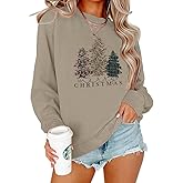 IZYJOY Merry Christmas Sweatshirt for Women Xmas Tree Graphic Long Sleeve Pullover Crewneck Oversized Lightweight Holiday Top