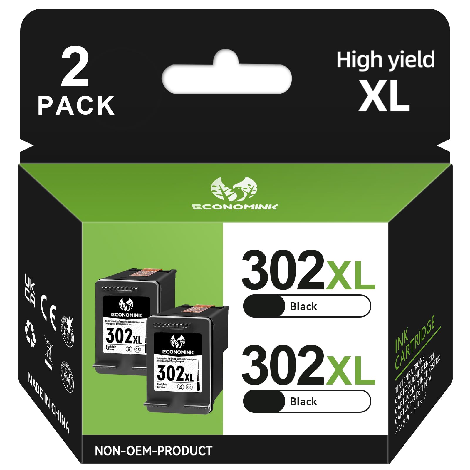302XL Ink Cartridges Black High Yield Replacement for HP 302XL Black Ink Cartridge, 302XL Black for OfficeJet 3832 4650 3831 3835 Envy 4527 4520 4524 Deskjet 2130 2134 3630 3632 3634 Printer (2 Black)