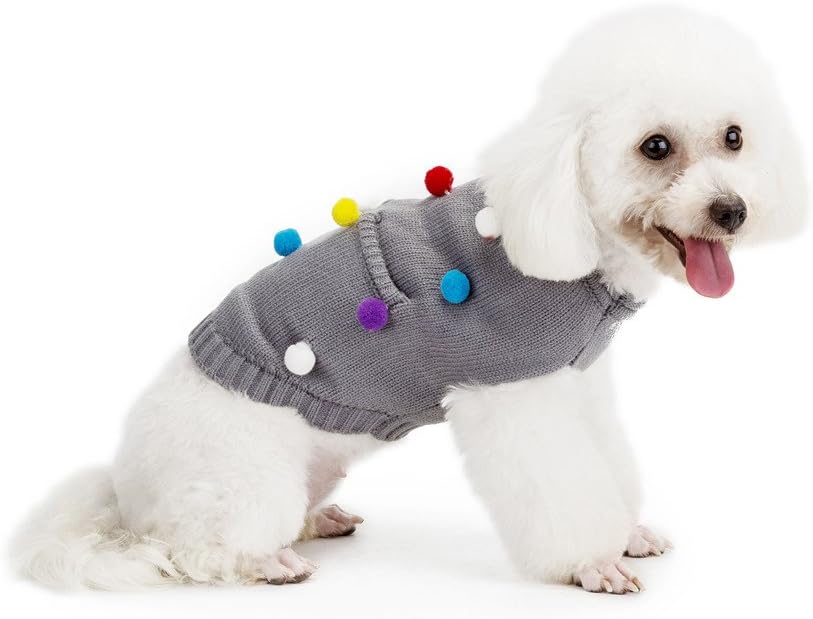 REXSONN Holiday Winter Dog Sweater Vintage Classic Autumn Festive Dress (Pom Pom Grey, XL)