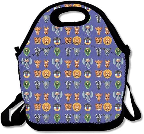 African Animals Heads Masks Flat Icons Lunch Bag Tote Handbag Lunchbox For School Work Outdoor