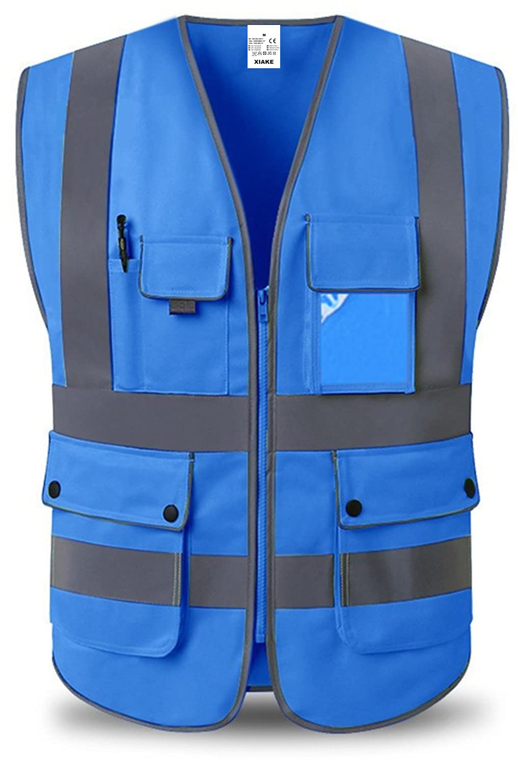 XIAKE Class 2 High Visibility Reflective Safety Vests with 8 Pockets and Zipper Front,Meets ANSI/ISEA Standards(Small, Blue)