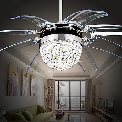 Rs Lighting Modern Fashion 42 Inch Blades Ceiling Fan With Led Lights Transparent 8 Leaf Folding Chrome Invisible Ceiling Fan Crystal Chandelier For