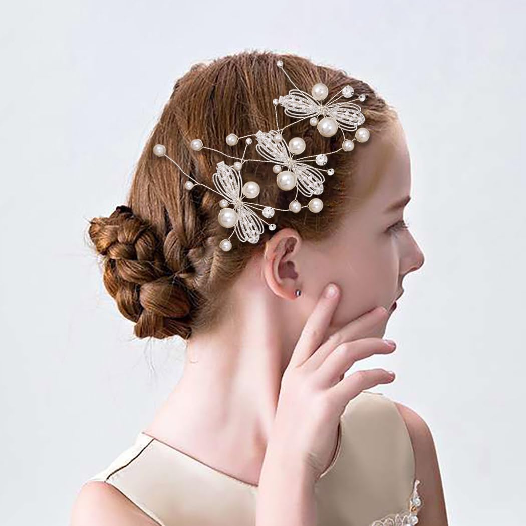 IYOU Crystal Princess Hair Clips Silver Pearl Communion Hair Pieces Bowknot Bridal Wedding Hair Accessories for Girls(3 Pcs)
