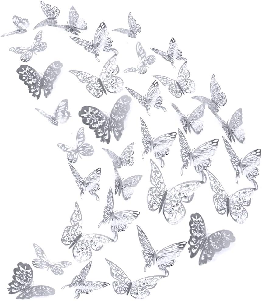 84Pcs Butterfly Wall Decals Sticker Decorations - 3D Metallic Hollow-Out, AUHOTA Removable Mural DIY Home Decor for Kids Bedroom Living Room Party Wedding - Vivid & Attractive (Silver)