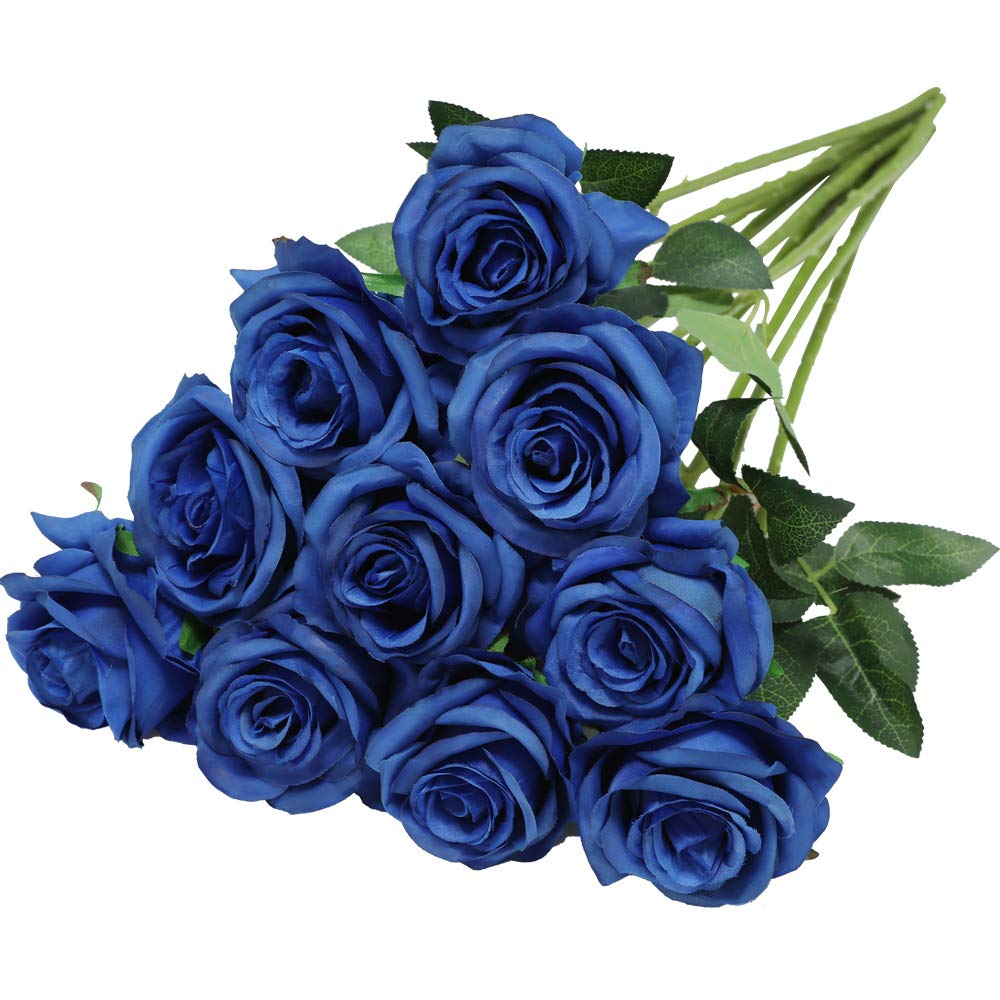 Nubry Artificial Silk Rose Flower Single Stem Lifelike Fake Rose for Wedding Bouquet Floral Arrangements Home Party Centerpiece Decoration, 10pcs (Blue)