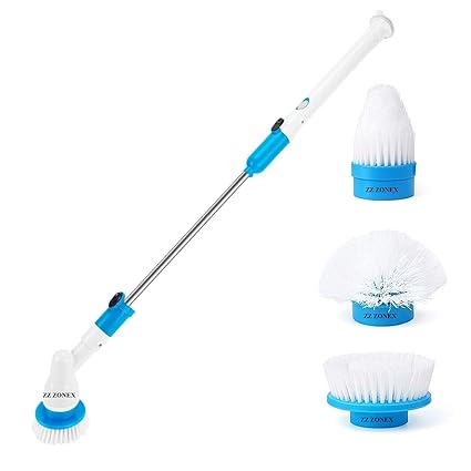 ZZ ZONEX Electric Spin Scubber, 360 Cordless Rechargeable Tub and Tile Scrubber with 3 Replaceable Cleaning Brush Heads, Adapter and Extension Handle for Bathroom, Kitchen, Floor