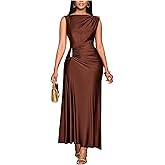 Milumia Women's Elegant Ruched Boat Neck Dress Metal Sleeveless Wedding Party Long Maxi Tank Dresses