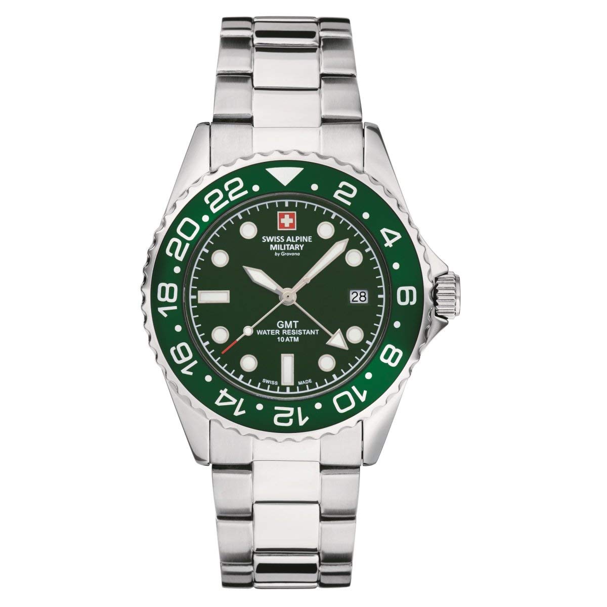 Swiss Alpine Military Men's Watch GMT Analogue Quartz 7052 Stainless Steel, Steel/Green/Green - 1134sam, Bracelet