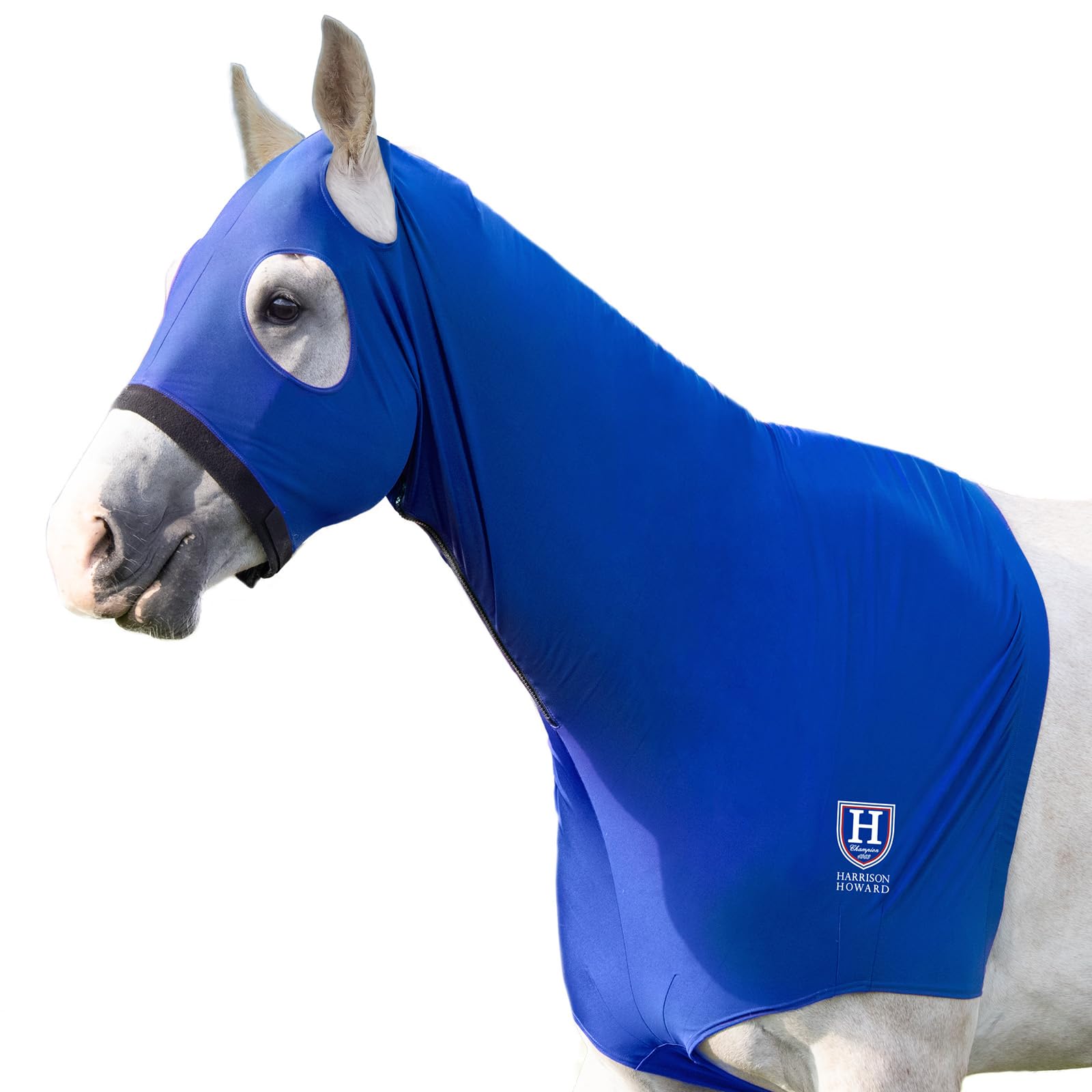 Photo 1 of Harrison Howard Horse Stretch Hood Without Ears Snug Fitting Hood with Zip Closure Covers Face, Shoulders, Mane, Chest and Withers Perfect for Show/Event Preparation - Blue