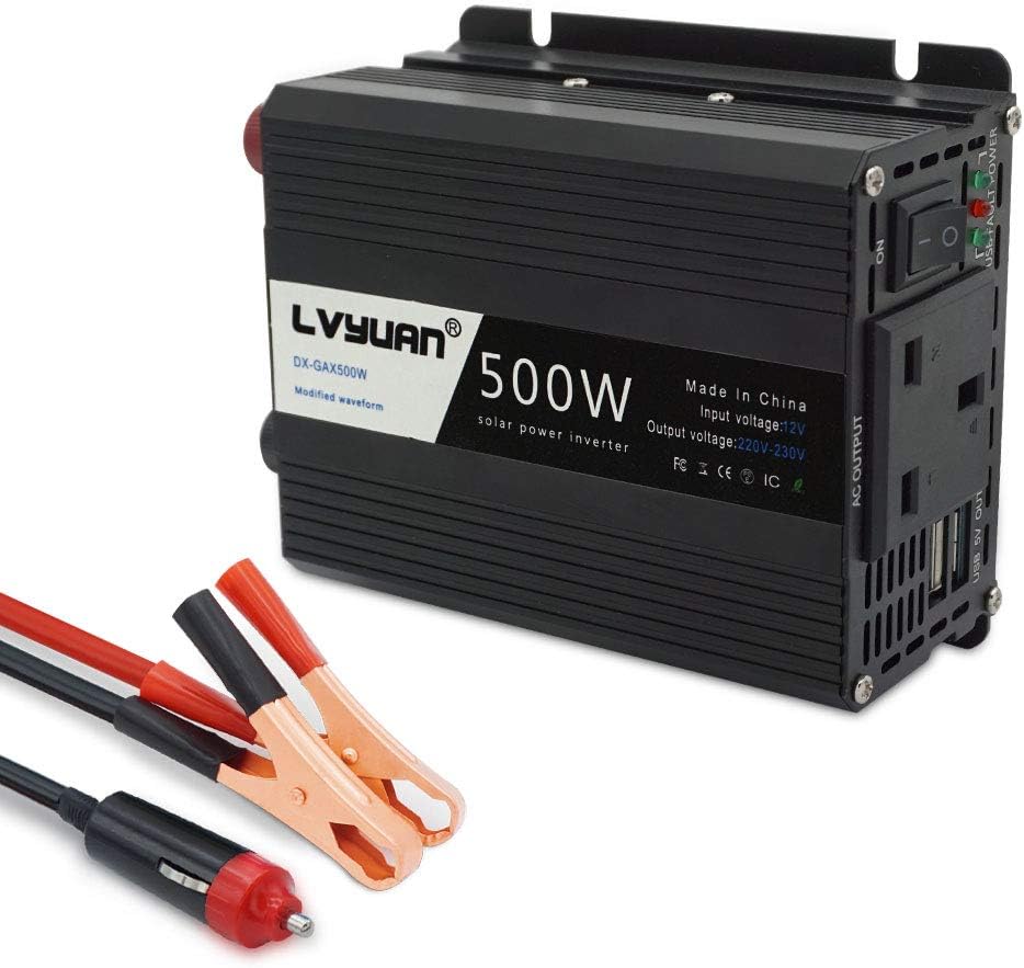 LVYUAN 500W Power Inverter DC 12V to 230V 240V AC Transformer Car Converter 12V with dual USB ports & UK Sockets Charger Lighter Adapter