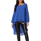 Seta T Women's High Low Tops Lantern Long Sleeve Round Neck Dressy Casual Chiffon Asymmetrical Tops Blouse