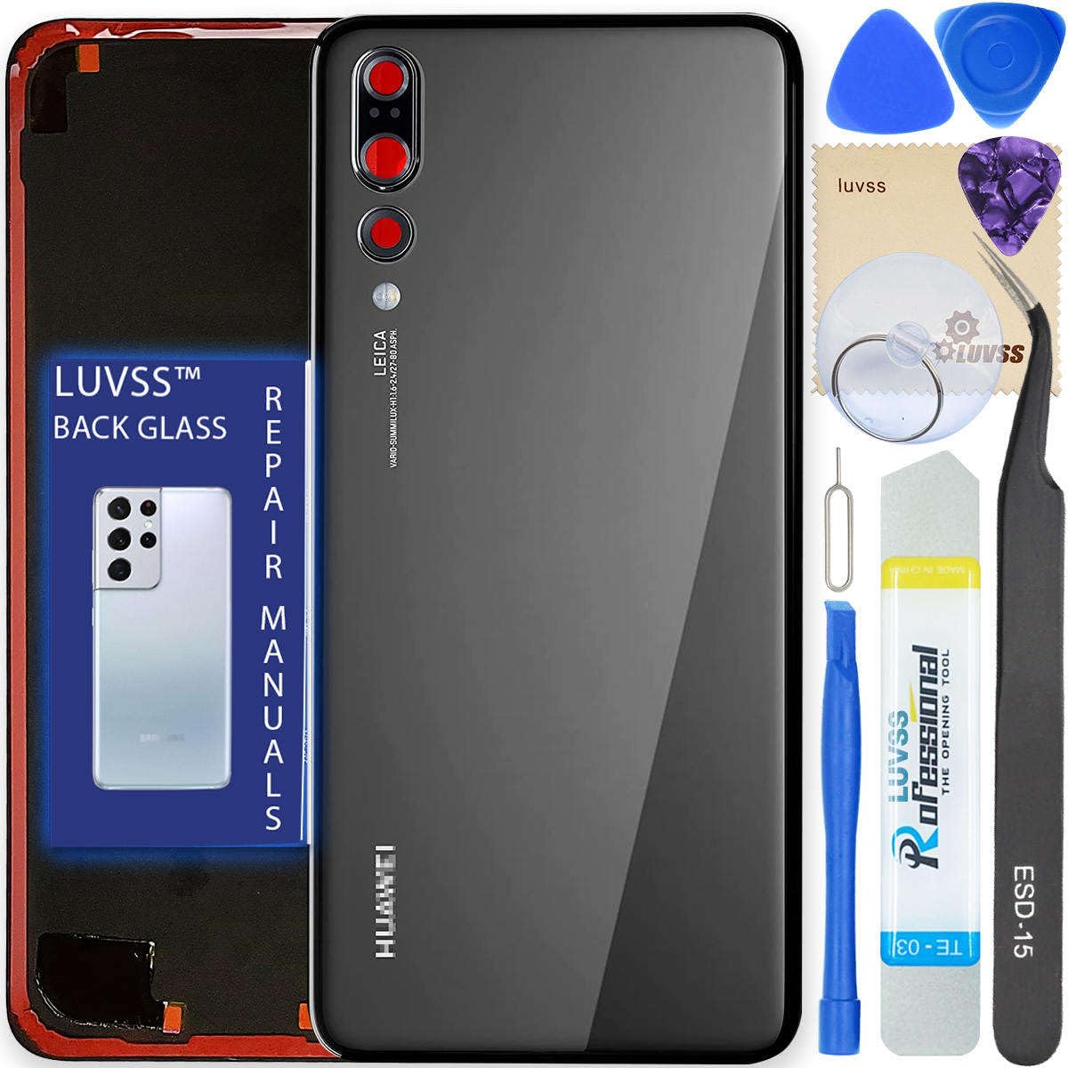 LUVSS Back Glass Cover Replacement Compitable for Huawei P20 Pro Rear Cover + Camera Lens + Repair Manual DIY Tools Kit (Black)