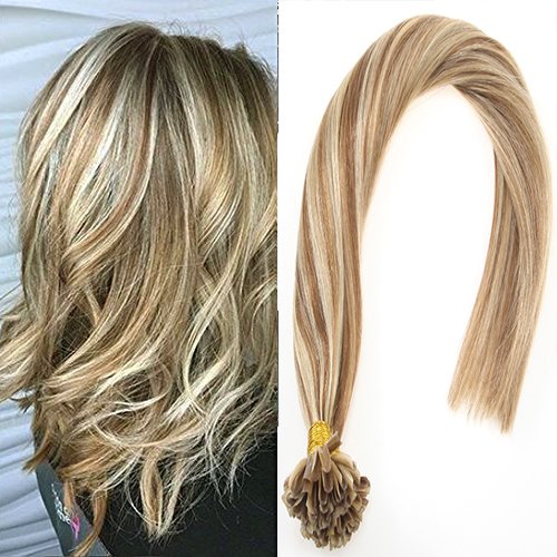 Sunny 20inch U Tip Fusion Extensions Remy Human Hair Color Light Brown Highlight Blonde 1g/s Pre Bonded Nail Tip Human Hair Extensions 50g/Set