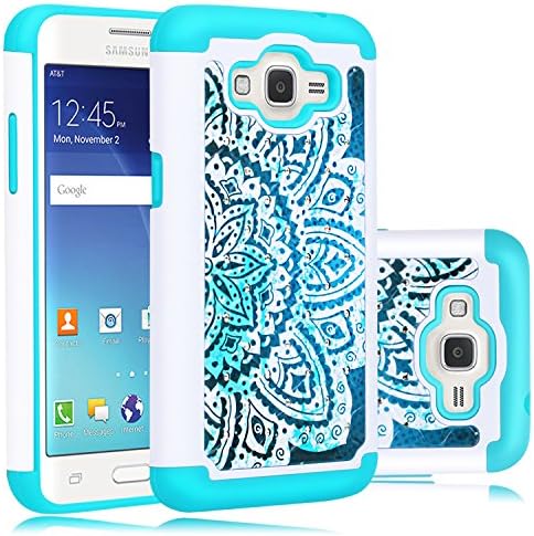 Grand Prime Plus Case,Galaxy J2 Prime Case,Elegant Choise Slim Dual Layer Armor Studded Rhinestone Bling Phone Case Cover with Flower Pattern for Galaxy Grand Prime Plus / J2 Prime (White+Turquoise)