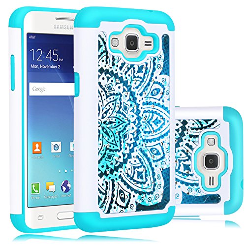 Grand Prime Plus Case,Galaxy J2 Prime Case,Elegant Choise Slim Dual Layer Armor Studded Rhinestone Bling Phone Case Cover with Flower Pattern for Galaxy Grand Prime Plus / J2 Prime (White+Turquoise)
