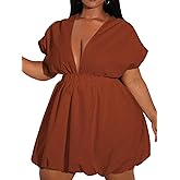 WDIRARA Women's Plus Size Deep V Neck Bubble Dress Short Sleeve A Line Mini Dresses