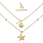 Shell Necklace for Women, Seashell Starfish Pearl Pendant Charm Jewelry Adjustable Beach Summer Necklace Decorations and Perfect Anniversary Birthday Gifts