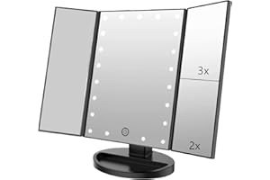 Flymiro Tri-fold Lighted Vanity Makeup Mirror with 3x/2x Magnification,21 LEDs Light and Touch Screen,180 Degree Free Rotation Countertop Cosmetic Mirror,Travel (Black)
