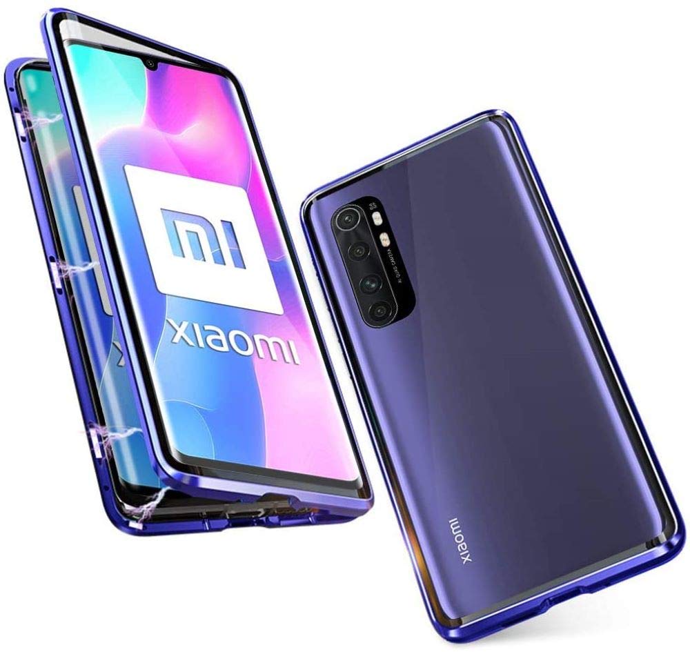 Cover for Xiaomi Mi Note 10 Lite Case Magnetic Adsorption Metal Bumper Frame Transparent Tempered Glass Full Body Screen Front and Back 360 Degrees Protection Slim One-Piece Design Flip Cover,Blue