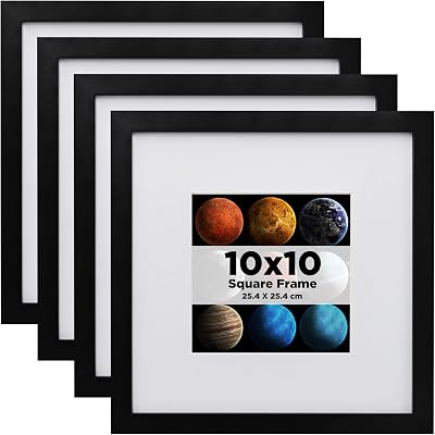 EGOFINE 10x10 Photo Frame Set of 4 Black Solid Wood 6x6 Mat or 10x10