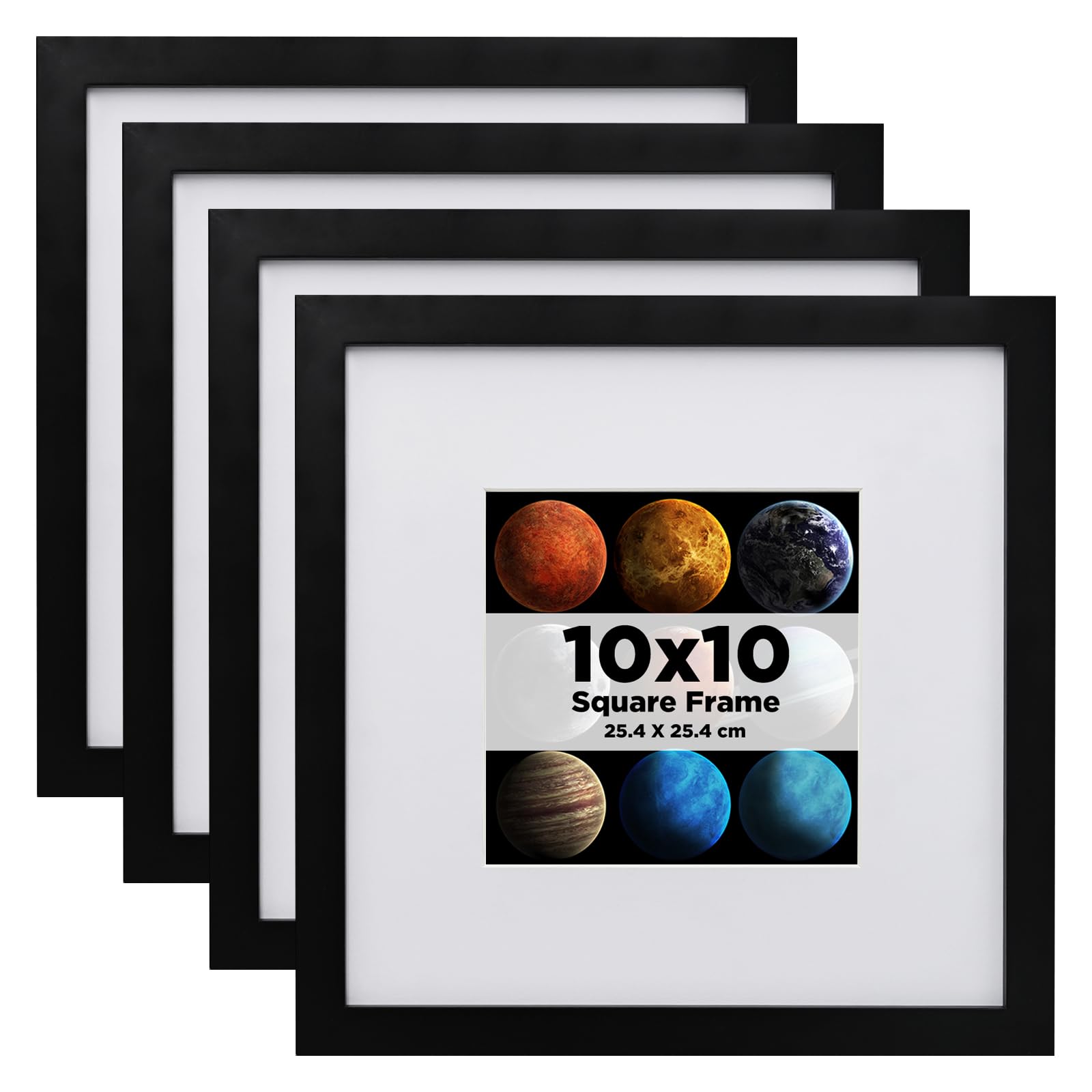 EGOFINE 10x10 Photo Frames Black Set of 4, Made of Solid Wood with Acrylic Glass for Photos 6x6 with Mat or 10x10 without Mat, Tabletop and Wall Mounting Display