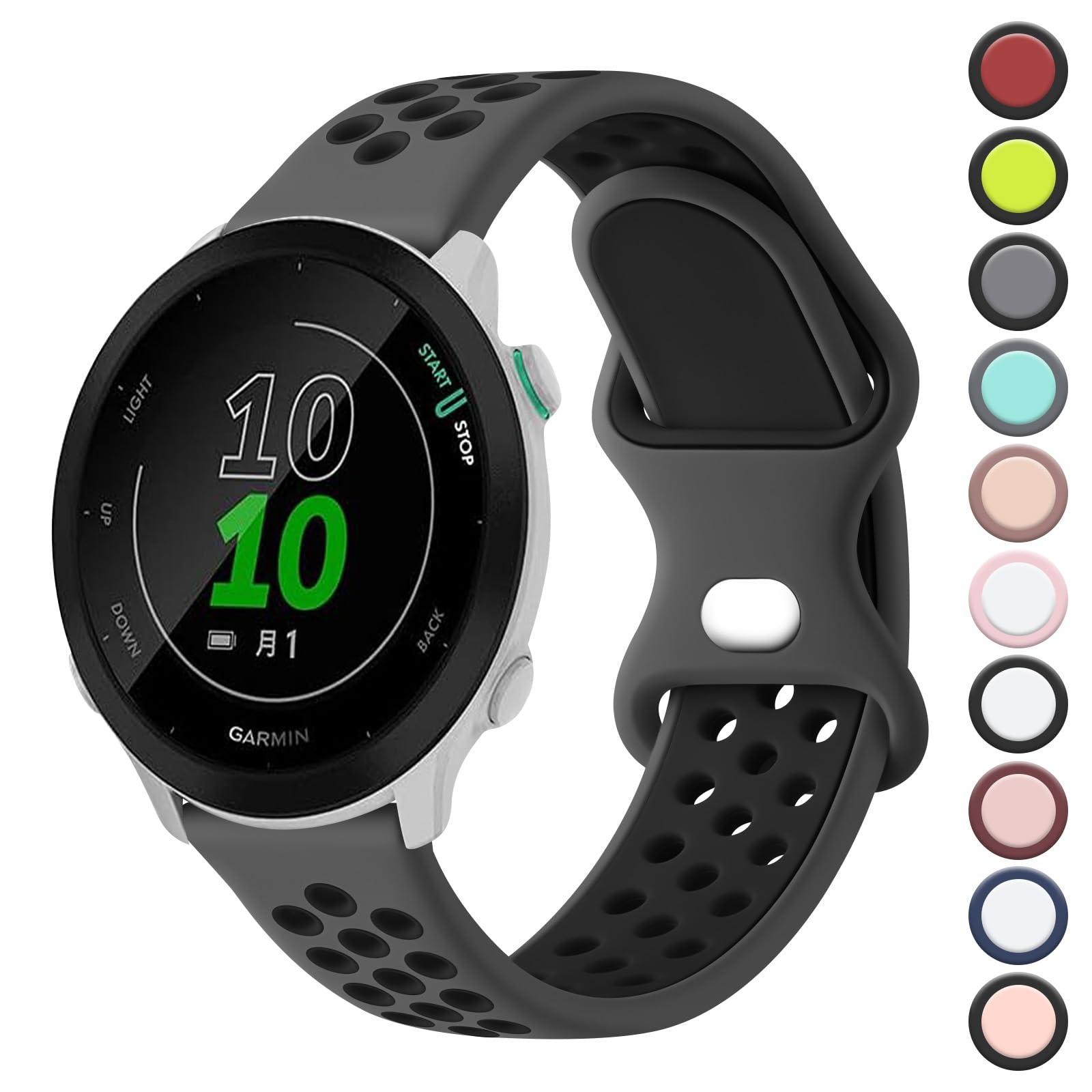 Double Colour Strap for Garmin Forefunner 55/245 /645 Watch Band, 20mm Adjustable Soft Silicone Replacement Strap for Forerunner 55/245/645 Music(Dark grey/Black)