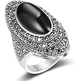 Black Rhinestones Oval Cocktail Statement Rings for Women Boho Elegant Marcasite Onyx Finger Ring for Anniversary Wedding Vintage Comfort Fit Fashion Jewelry