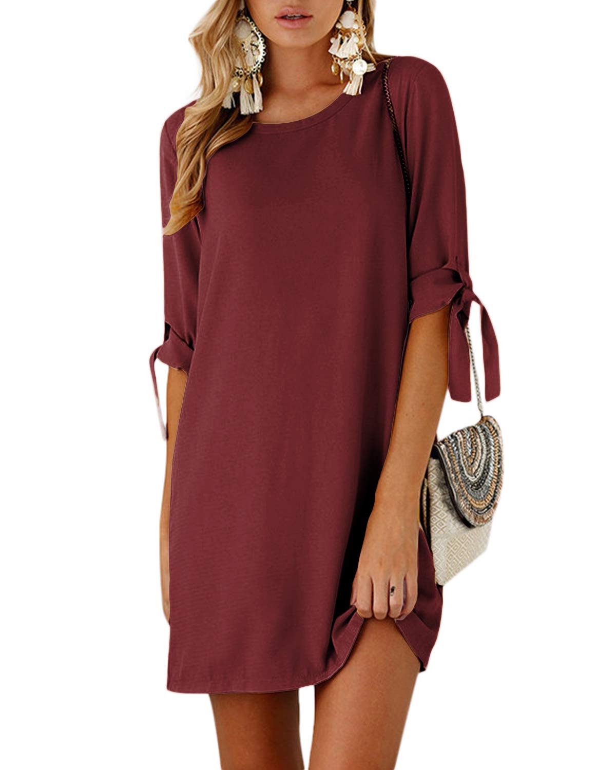 Women Summer Dresses Solid Mini Dress Self Tie Tunic Top