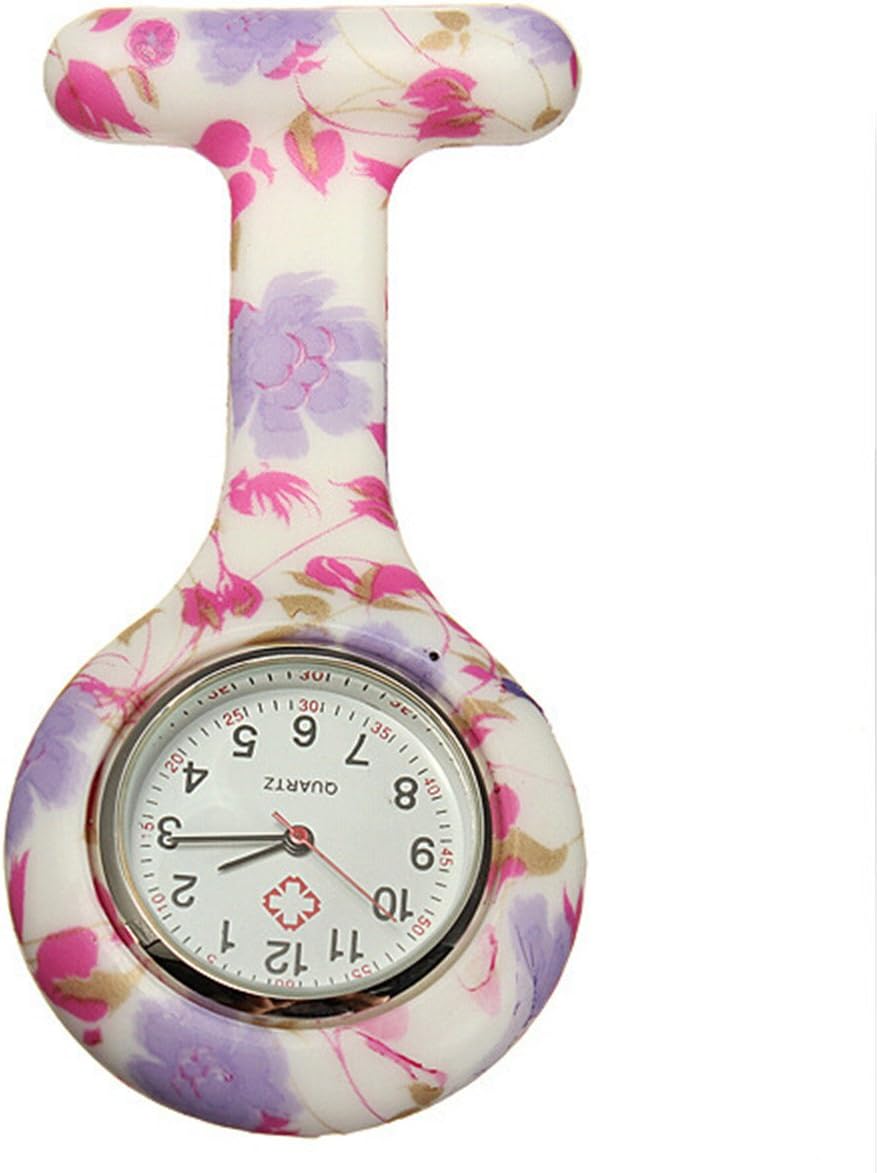 Mixe Fashion Coloured Patterned Nurse Watch Doctor Paramedic Tunic Brooch Fob Medical Watch Infections Control Silicone Hygienic Protection Cover Holder Extra Battery (Purple Flowers)
