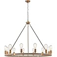 ELYCCUPA 12-Lights Wagon Wheel Chandelier Bohemia Hand Woven Rattan Chandelier Farmhouse Large Pendant Light for High Ceilings Living Room Dining Room, Brass, Dia 42 Inch, UL Listed