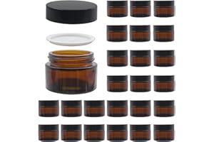 BPFY 24 Pack 1 oz Round Amber Glass Cosmetic Jars with Lids And Inner Liners, Travel Glass Jars, Refillable Cosmetic Containers for Lotion, Lip Scrub, Makeup, Eyeshadow, Slime, Paint
