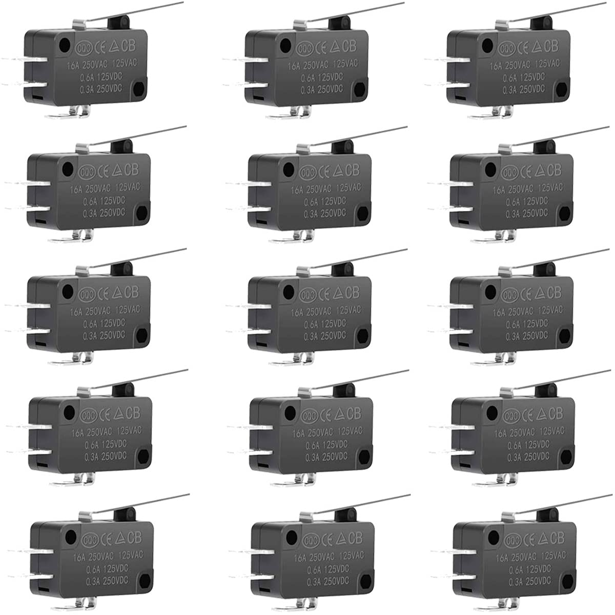 Youmile 15 pcs SPDT Micro Limit Switch SPDT Snap Action Button Micro Limit Switch for Arduino,Mini Limit Switches with Straight Long Hinge Lever KW3 by MUZHI
