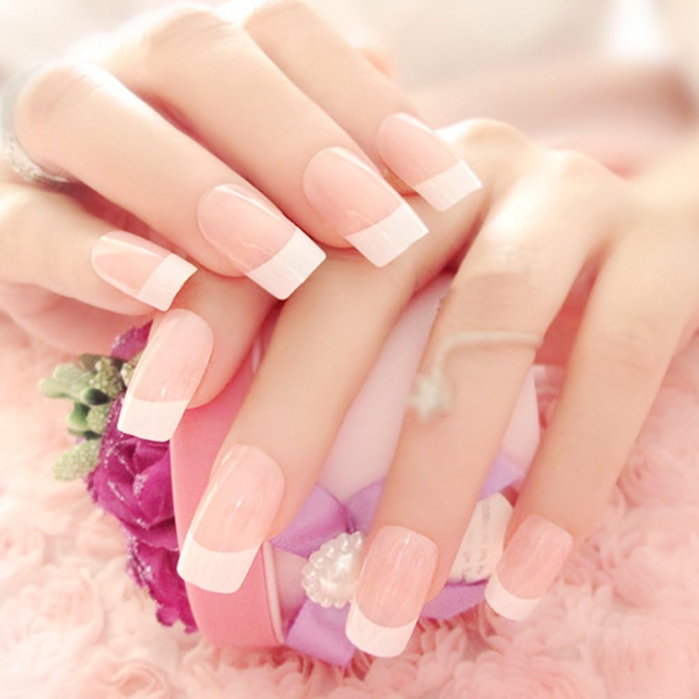 HuangHM French Nail Art Tip Ending Square Moon Striping Decoration Long Sharp Acrylic Simple Design Europe Style Artificial Full Cover False Nails Fake Tips for Nail Salons and DIY at home Learner