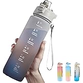 DEARART 32oz Grey Multicolor Water Bottle, Detachable Straw Wide Mouth Motivational & Time Marker with Handle Easy Carried, Suit Travel Office Yoga Gym School Work etc.