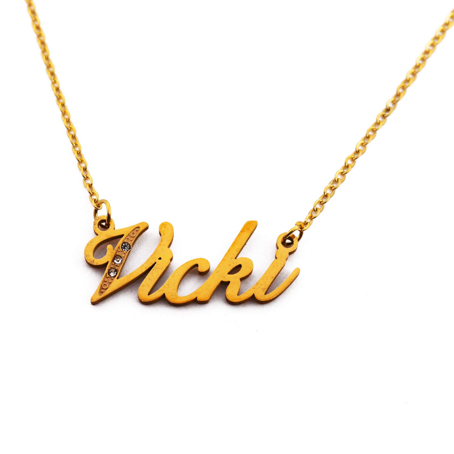Kigu Vicki Italic Personalised Name Necklace With Cubic Zirconia Gold Plated, Custom Dainty Name Pendants, Jewellery for Ladies, Girlfriend, Mother, Sister, Friends
