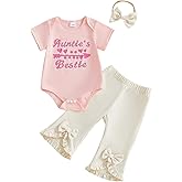 Honganda 3Pcs Baby Girl Auntie's Bestie Outfits Short Sleeve Bodysuit Romper with Flare Pants Bow Headband Summer Clothes Set