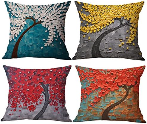 Geepro18x18 inches Oil Painting Linen Pillow Case Covers Square Decorative Cushion Covers Set of 4