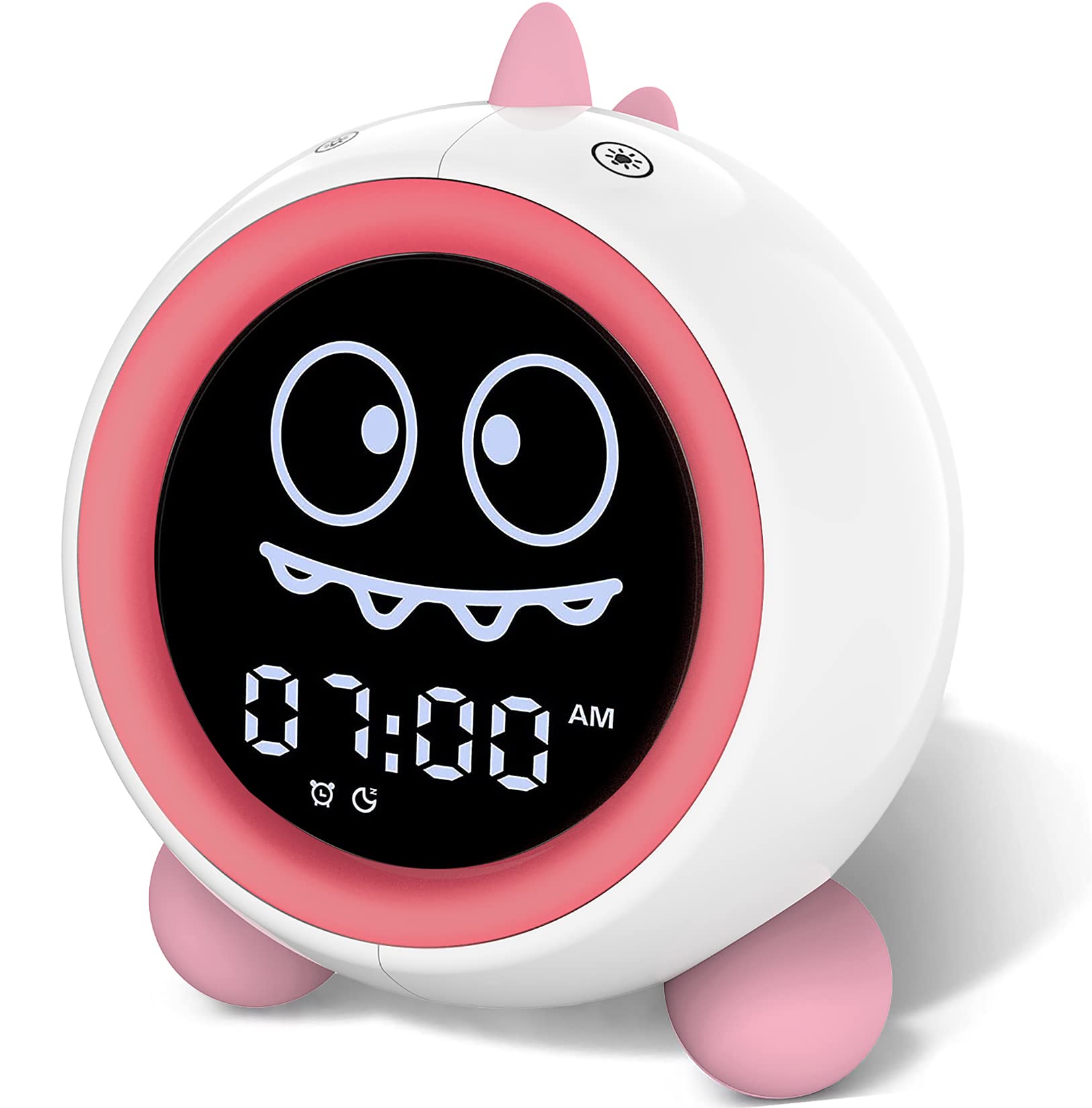 H-chin Kids Alarm Clock, Toddler Sleep Training Clock with Night Lights, Sound Machine, Time to Wake Dinosaur Alarm Clock for Children (Pink)