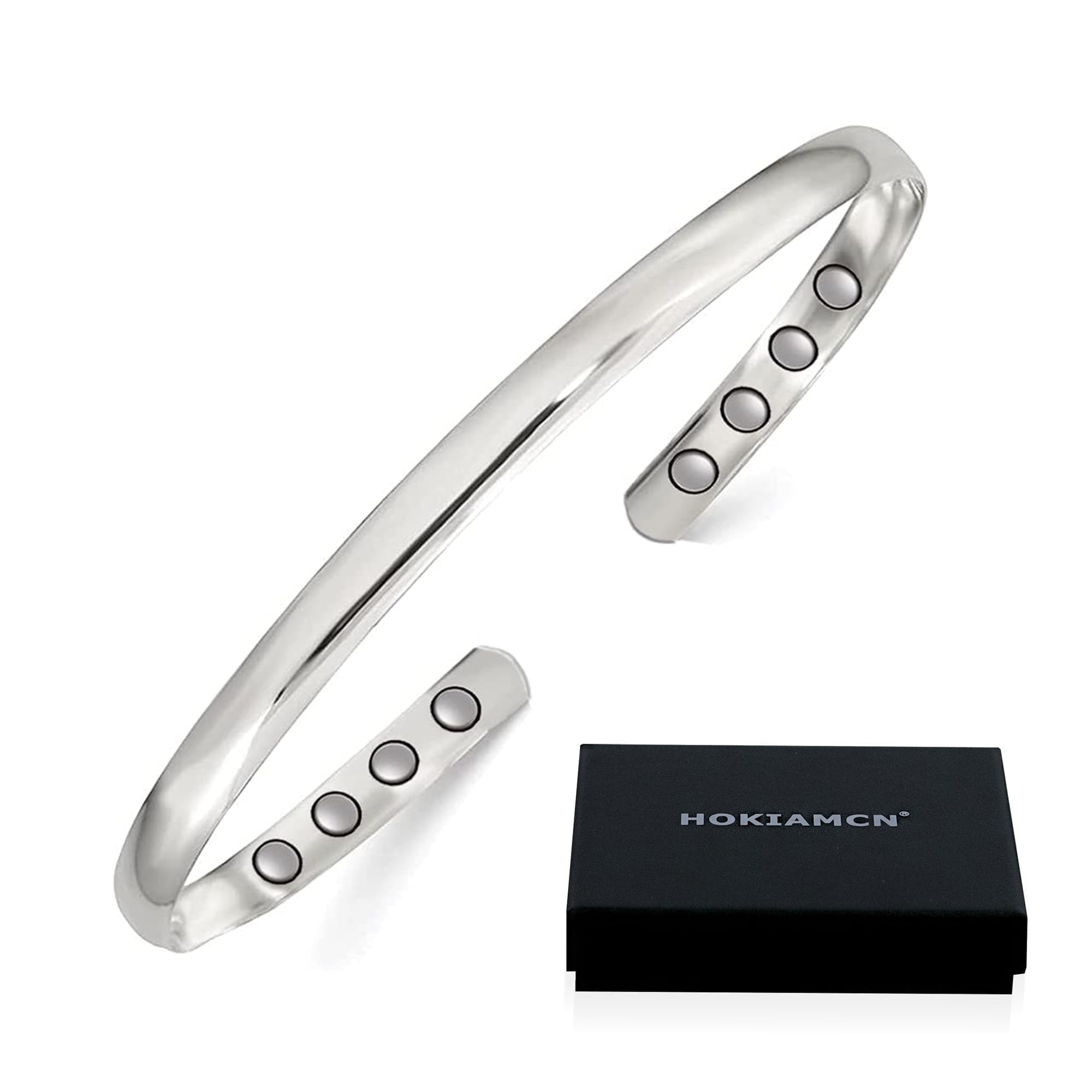 HOKIAMCN Copper Magnetic Bracelet,Silver Finish Men Women Bracelet Bangle with 8 Magnets,Adjustable Size with Gift Box