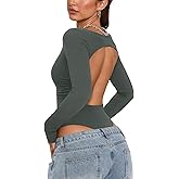 PINKMSTYLE Women Open Back Long Sleeve Bodysuit Boat Neck Double Lined Tops Slim Fit Ruched Backless Going Out Y2K Body Suit