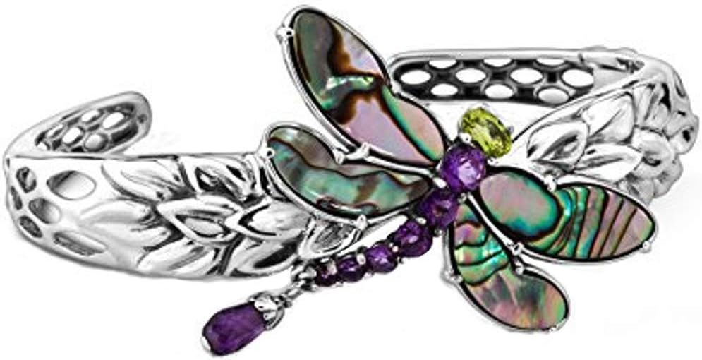 Sterling Silver Abalone, Purple Amethyst and Green Peridot Gemstone Dragonfly Cuff Bracelet Size S and L