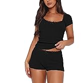 RUEWEY Women 2 Pieces Lounge Sets Lace Trim Short Sleeve Tops and Shorts Ribbed Knit Pajamas Set Outfits
