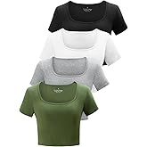 Kole Meego Square Neck Crop Tops for Women Workout Tops Trendy Going Out Tops Gym Summer Shirts 4 Pack