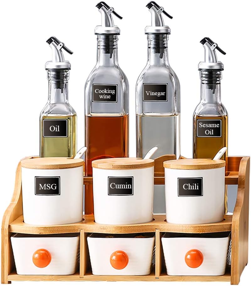 JPFS Porcelain Condiment Jars and Oil Bottles Set with Wooden Holder, Container for Spice Seasoning Sauce