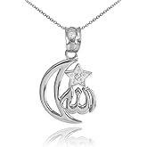 Middle Eastern Jewelry 14k White Gold Diamond-Accented Islamic Star and Crescent Moon Allah Pendant Necklace