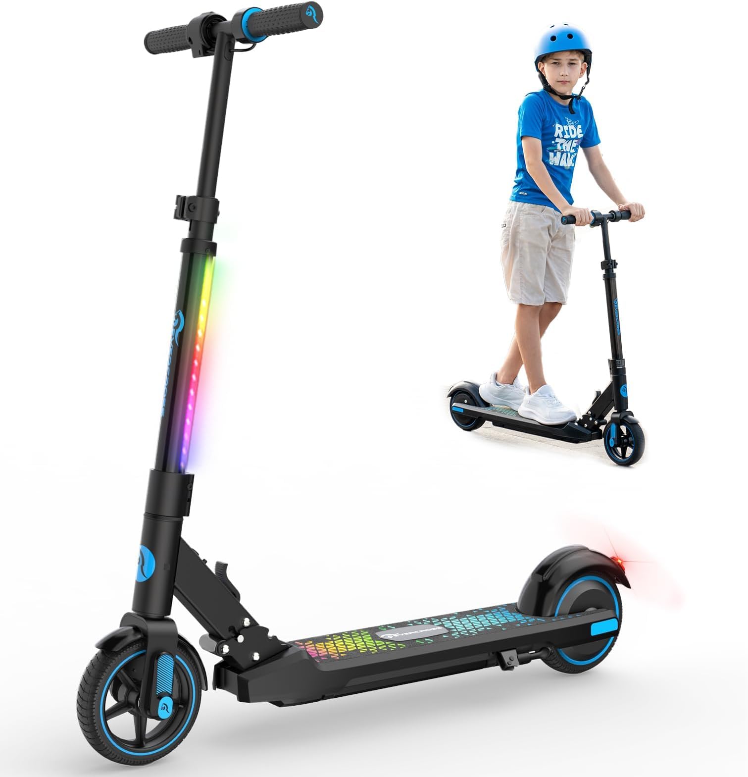 EVERCROSS EV06C Elektroscooter, 6,5'' Faltbarer E Scooter für Kinder 6-12 Jahren, 150 W Motor & 3 Gänge & 2600 mAh & 76-96cm Höhe, LED Display, Bunte Leuchten, Leichter Elektroroller Kinder Blau
